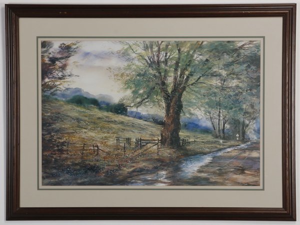 Framed lithograph, farm view, signed, 44"w (1 of 3)