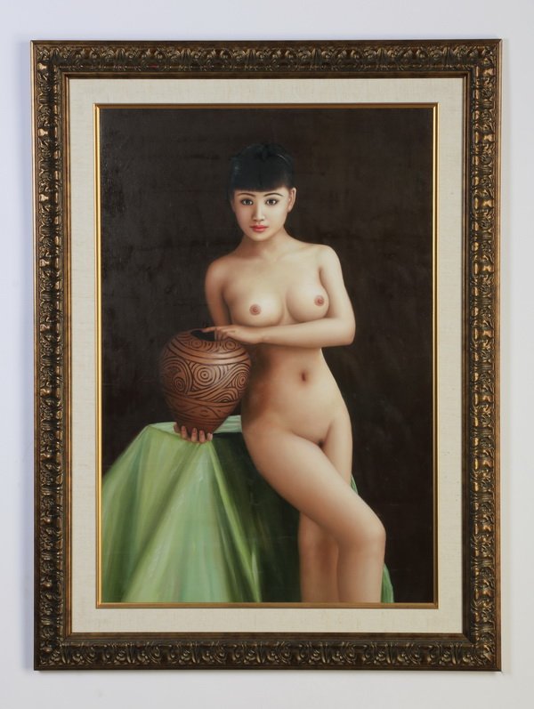 Oil on canvas, portrait of a nude, 44"h: Contemporary oil on canvas depicting a nude Asian woman holding an earthenware bowl, 35"h x 23"w, overall size including frame 44"h x 32"w x 1"d.