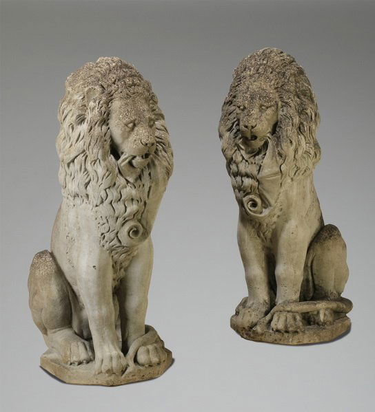 Pair of cast stone seated lions, 46"h (1 of 4)