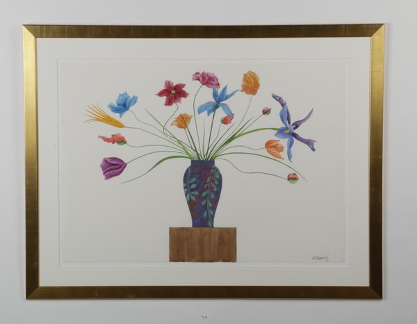 Ed Baynard signed W/c still life, 53"w: 20th century watercolor still life titled "Mixed Bouquet with Poppies", signed Ed Baynard (American b. 1940), with Elenore Austerer Gallery label en verso, 30.5"h x 42.5"w, overall size including fram