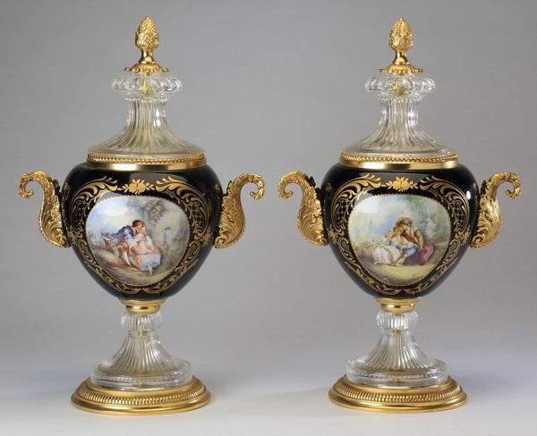 (2) Sevres style porcelain and crystal urns (1 of 5)