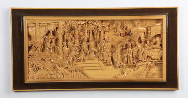 Chinese carved plaque with Imperial figures (1 of 3)