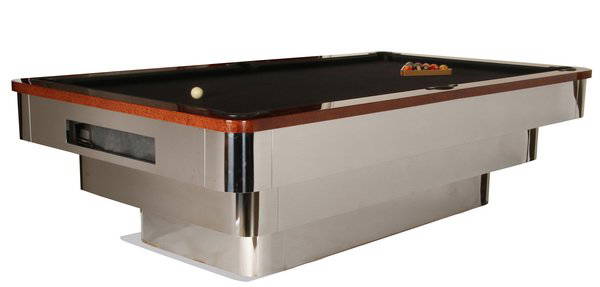 Blatt Billiards pool table and cue rack: Contemporary custom Blatt Billiards MAX-BOL stainless steel and lacquered burl wood pool table with a black felt playing surface, raised on triple stainless steel bases, 34"h x 113.5"l x 64.5"d;