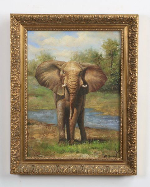 Oil on canvas, elephant in the wild, signed (1 of 3)