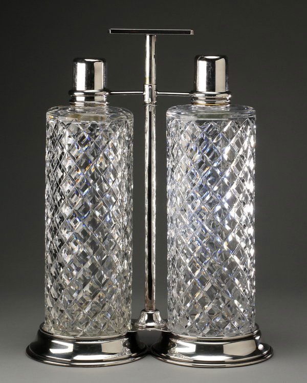 (2) Crystal decanters w/ silver plate carrier (1 of 1)