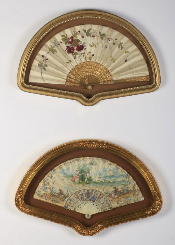 (2) 19th c. hand painted fans in shadowboxes (1 of 3)