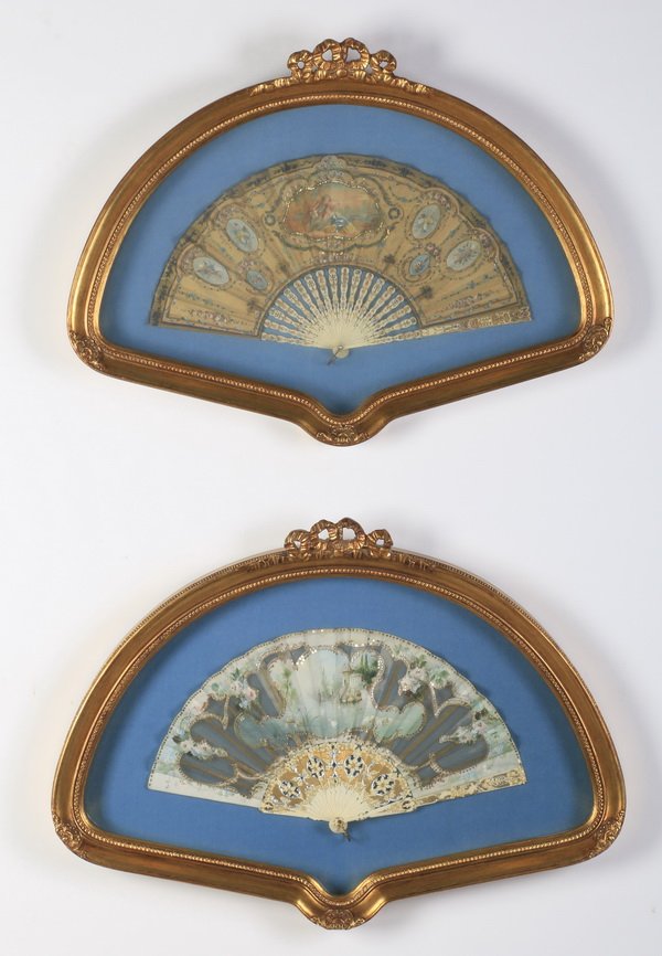 (2) 19th c. hand painted fans in shadowboxes (1 of 3)