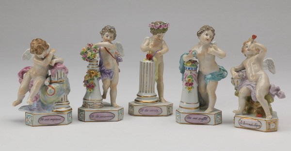 Grouping of five Dresden porcelain putti (1 of 9)