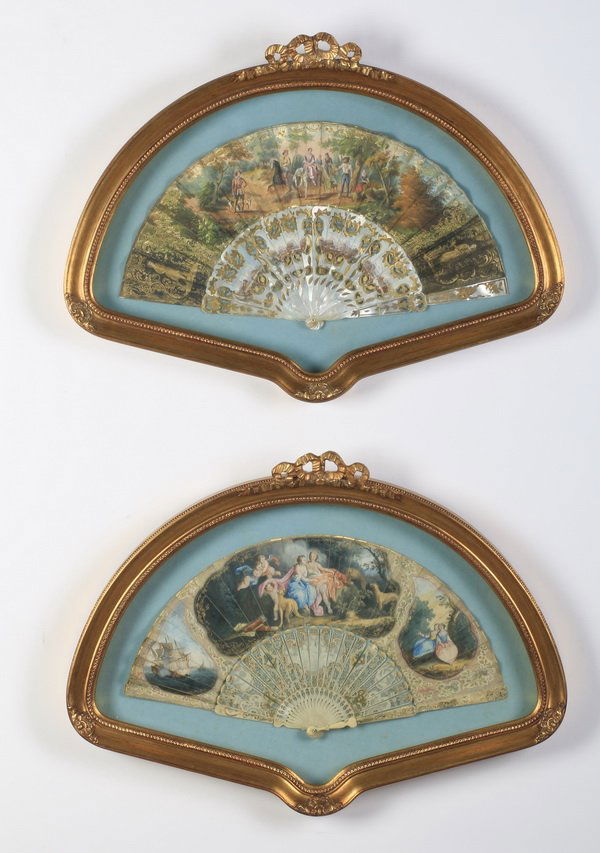 (2) 19th c. hand painted fans in shadowboxes (1 of 3)