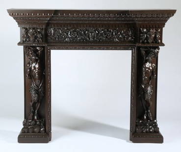 19th c. Italian figural carved walnut mantel: 19th century Italian carved walnut mantel, in the manner of Luigi Frullini, (Italian, 1839-1897), the mantel shelf with an egg and dart border surmounting a relief carved frieze of scrolling foliate g