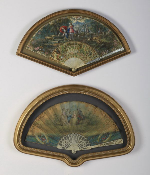 (2) 19th c. hand painted fans in shadowboxes (1 of 3)