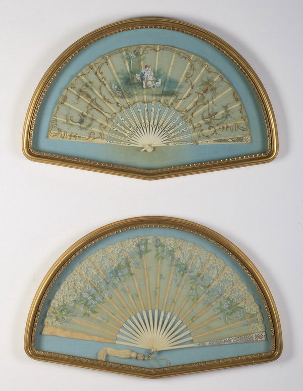 (2) 19th c. hand painted fans in shadowboxes (1 of 3)