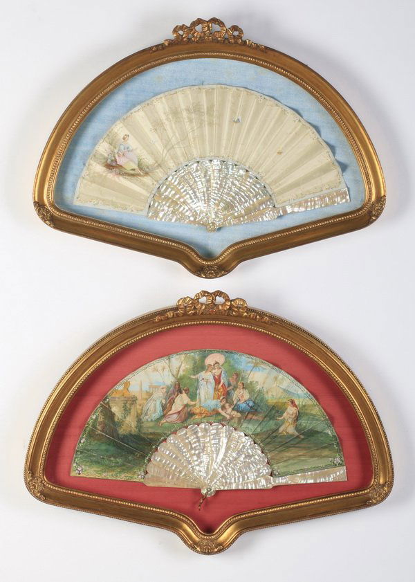 (2) 19th c. hand painted fans in shadowboxes (1 of 3)