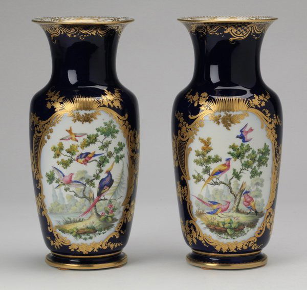 (2) Sevres Style Cobalt Blue Vases, 11"h