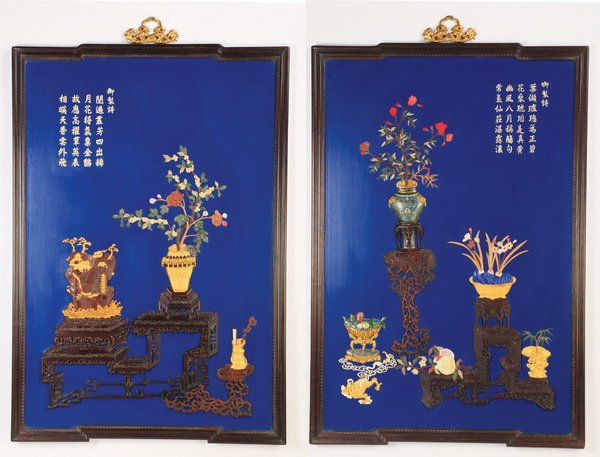(2) 19th c.embellished lacquered plaques 62"h: Pair of large and impressive late 19th or early 20th century lacquered plaques, embellished with jade, agate, lapis lazuli and cloisonné, each panel depicting decorative objects on an intricately car