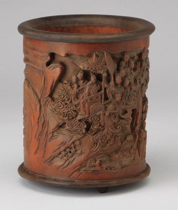 Chinese carved bamboo brush pot, inscribed (1 of 9)