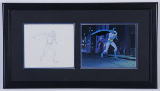 Original "Batman" production cel: Late 20th century original production cel and sketch, titled "Batman Running", from Warner Bros. Studios, each image 7.75"h x 9"w, overall size including frame 16"h x 28.5"w x 1"d.