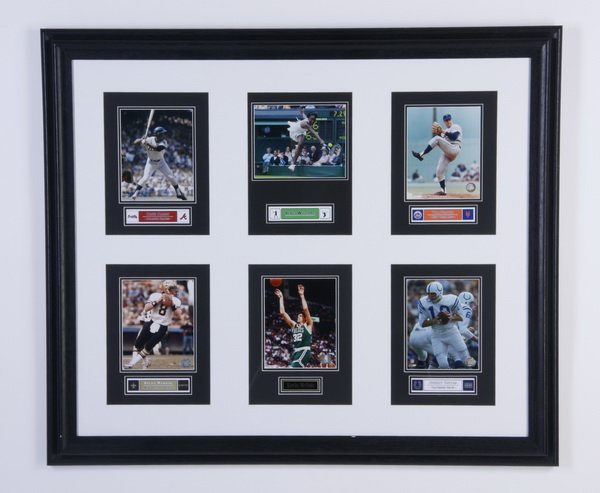 Framed photo grouping of pro sports figures: Framed and triple matted grouping of six photographs of sports figures, includes images of Hank Aaron at bat, Venus Williams serving, Tom Saver pitching, Archie Manning passing, Kevin McHale shooting