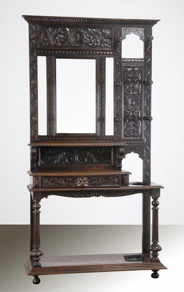 Late 19th c. English carved oak hall tree (1 of 3)