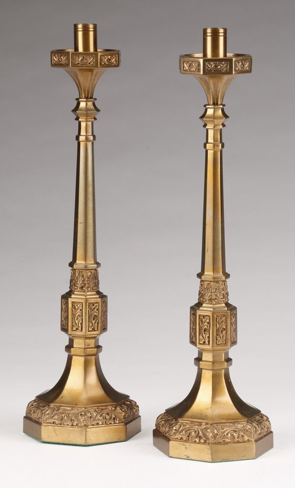 (2) Bronze Gothic Revival candlesticks (1 of 1)