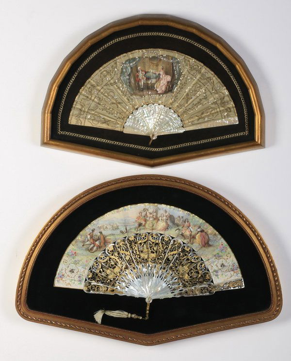 (2) 19th c. hand painted fans in shadowboxes (1 of 3)