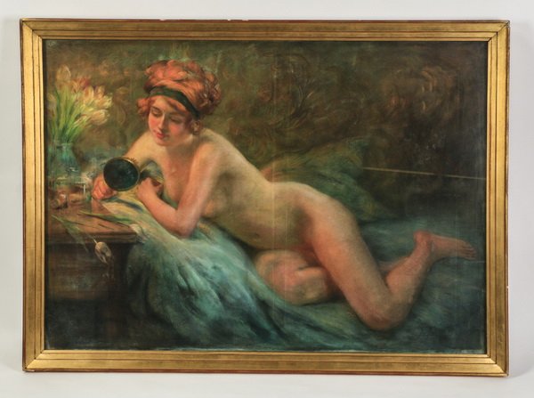 Signed Art Deco pastel on canvas nude, 1916: Early 20th century Art Deco inspired pastel on canvas depicting a recumbent nude beauty with a hand mirror, artist signed and dated 'F. Favrer 1916' at lower right, 34"h x 48"w; overall size including