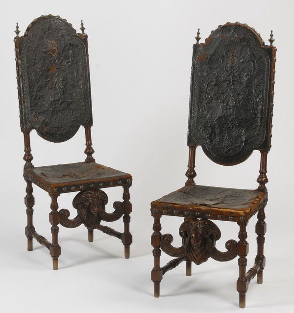 (2) Carved oak side chairs in leather, 19th c (1 of 6)