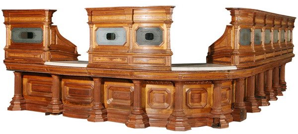 19th c. carved walnut bank wall, 31 ft long (1 of 5)