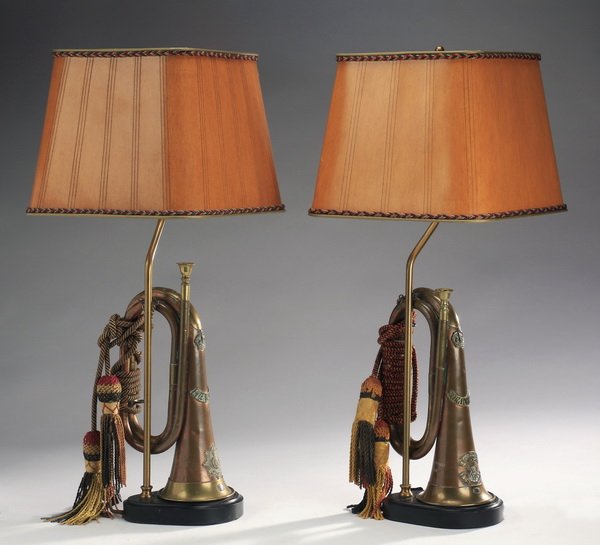 (2) British WWI bugles mounted as lamps, 24"h (1 of 2)