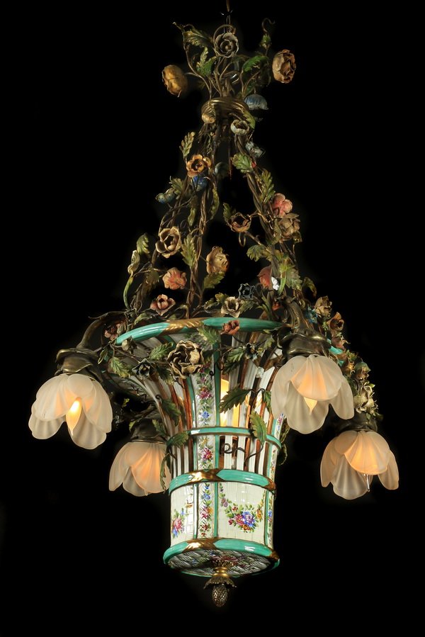 French tole peinte floral chandelier, 28"h. (1 of 3)