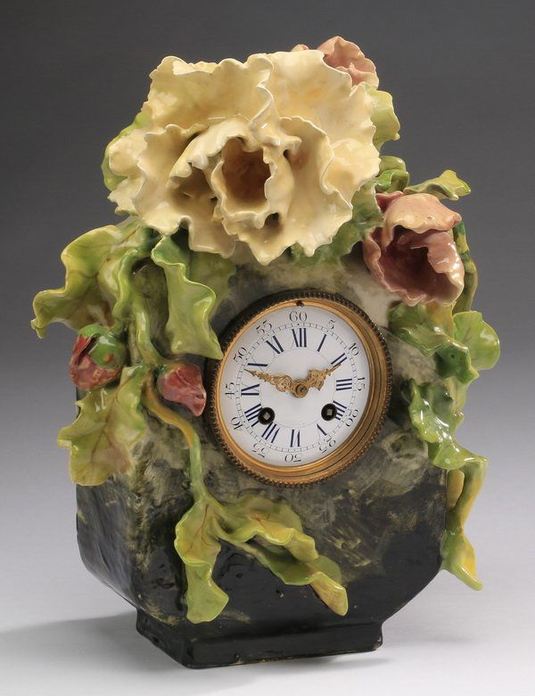 19th c. French barbotine mantel clock, 13.5"h (1 of 6)