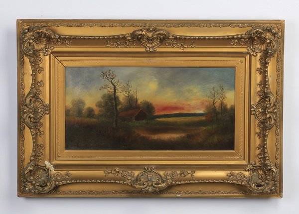 O/c of a country house at sunset, signed (1 of 3)