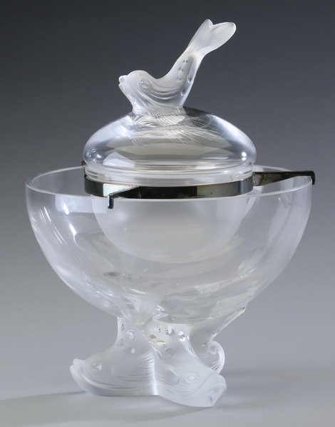 Lalique cut crystal caviar dish, marked (1 of 4)