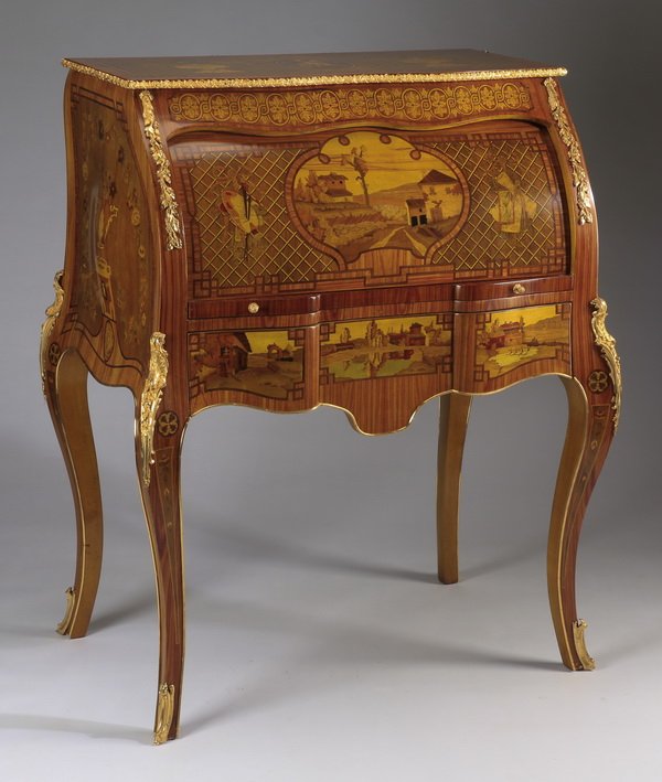 Louis XV style marquetry cylinder desk, 44"h (1 of 9)