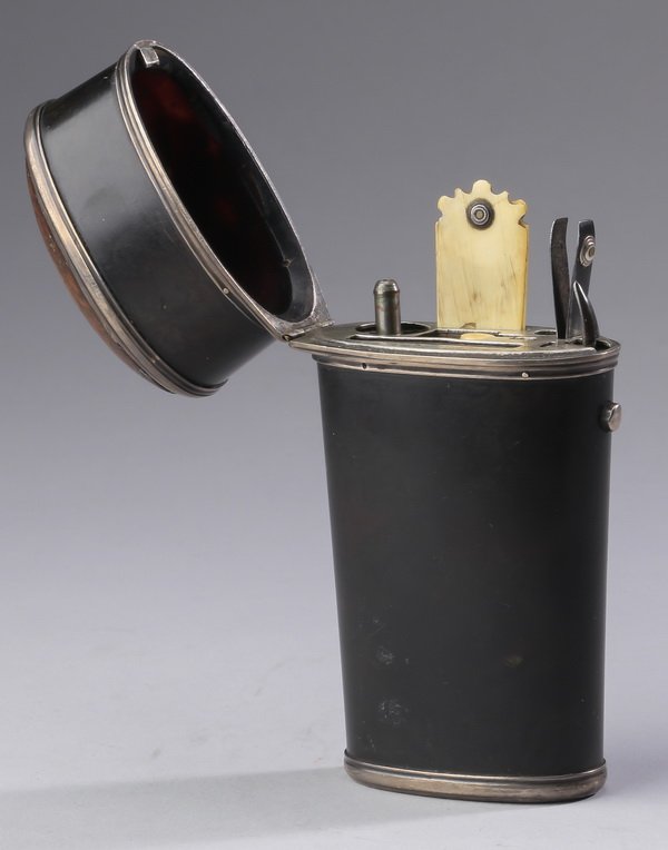 19th c. Continental etui or ncessaire, 4"h: Continental etui or ncessaire, 19th century, having a tortoiseshell body and hinged walnut lid opening to reveal a fitted compartment holding tweezers, an ivory pencil, an ivory bodkin, and an ivory w