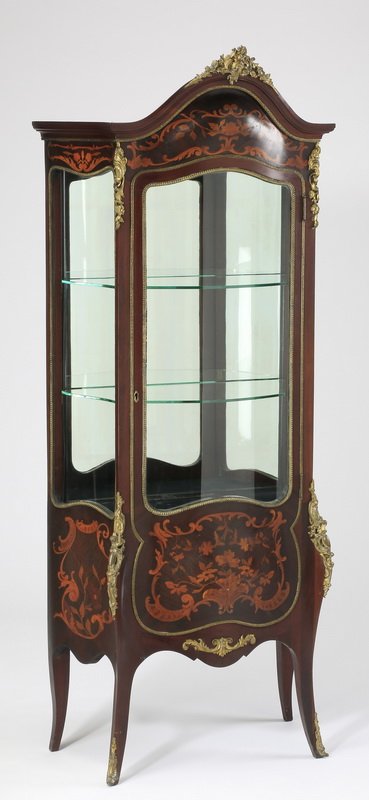 Louis XV style marquetry bomb vitrine, 71"h (1 of 2)