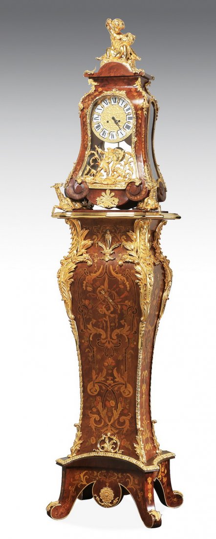 Dore' bronze & marquetry tallcase clock, 91"h (1 of 4)