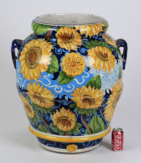 Monumental hand painted sunflower urn, 30"h (1 of 3)