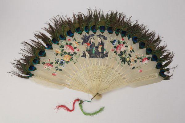 Chinese hand painted fan w/ peacock feathers (1 of 8)