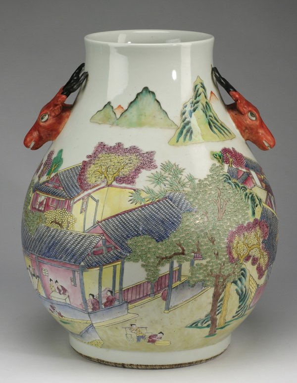 Chinese Hu vase, Qianlong mark, 18.5"h: Chinese Hu vase, having figural stag handles, above a body decorated with a landscape of pavilions and figures engaged in daily tasks and leisure pursuits, with mountains in the distance, the undersid
