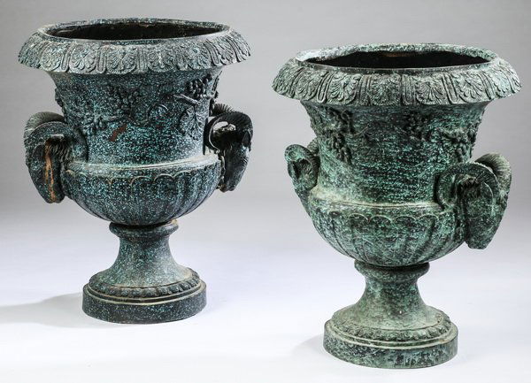 (2) Continental bronze garden urns w/rams (1 of 3)