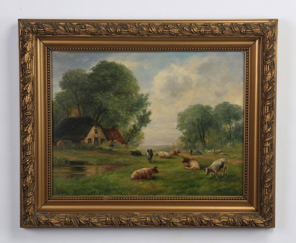 19th c French O/c cows in sunny field, signed (1 of 4)