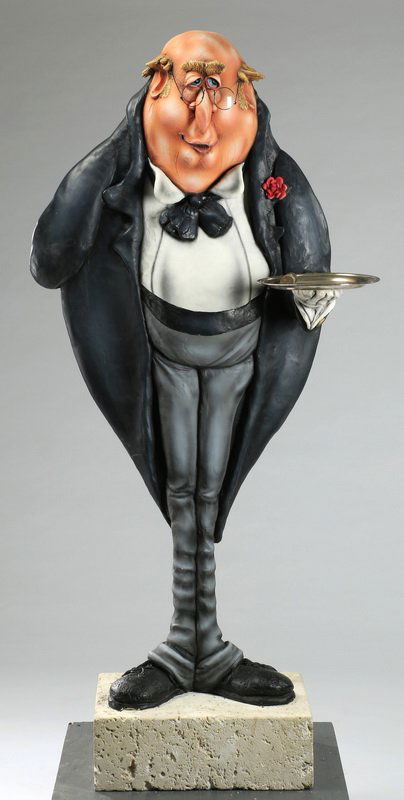 Todd Warner signed, numbered sculpture, 61"h: Todd Warner (1945-), a whimsical resin-painted sculpture titled 'One For You, Two For Me,' of a butler in tails wearing eyeglasses with serving tray and figural cigar, holding a bottle of Imperial Cou