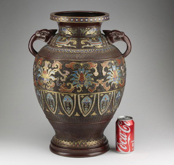 Japanese champleve enamel bronze vase, 19"h (1 of 9)