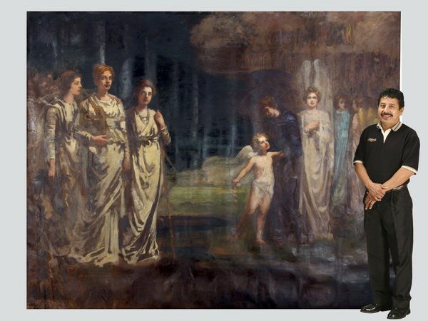 Monumental O/c, maidens w/ angel, signed (1 of 5)