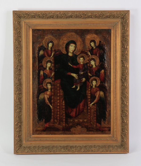 Cimabue inspired O/c of Virgin & angels: After Cimabue, early 20th century, Italian Gothic inspired oil on canvas depicting the Virgin & Child enthroned and surrounded by angels, artist signed 'Ortiz' lower left, 38.5"h x 30"w, overall size 