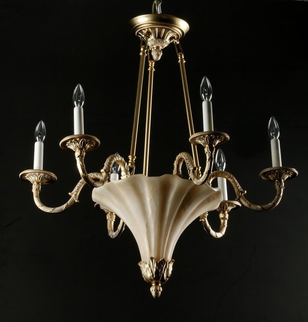 Carved alabaster 6-arm chandelier: Carved alabaster chandelier with six gilded metal arms and bobeches, the scallop-carved alabaster bowl terminating in a gilded metal acorn finial issuing from an acanthus leaf base, 32"h x 27"w.