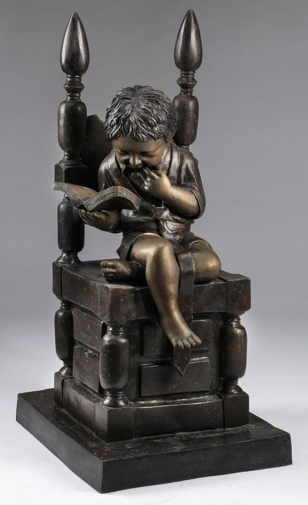 Bronze sculpture of boy reading, 30"h (1 of 3)