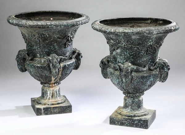 (2) Continental bronze garden urns w/ rams (1 of 3)