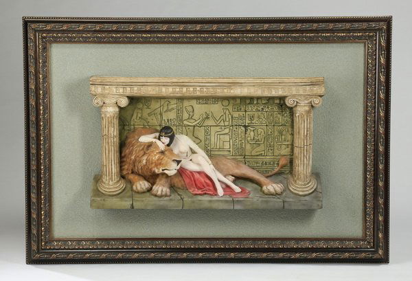High relief diorama of Cleopatra & lion, 61"w (1 of 2)